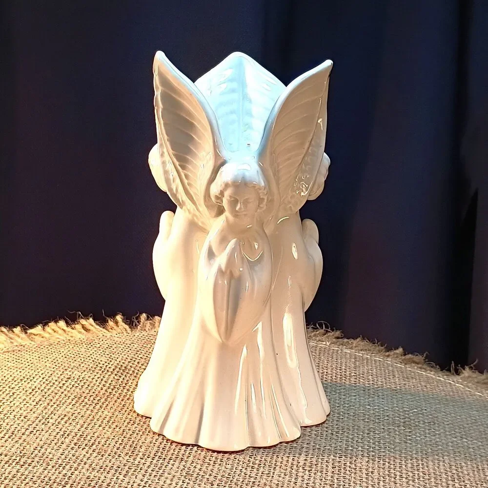 2 Vintage White Ceramic Angel Taper Candle Christmas Candlestick Holders 6